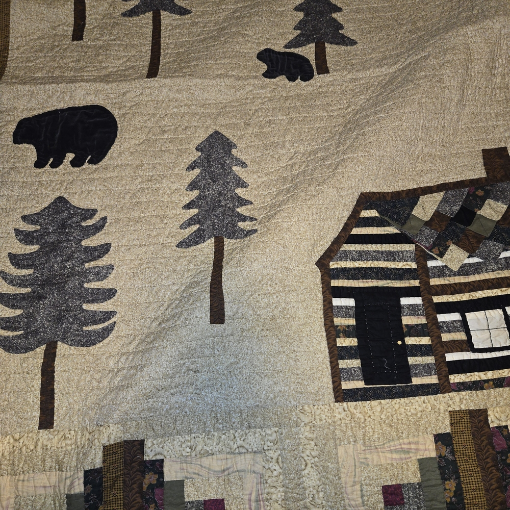 Rustic Cabin Quilt with Bear and Tree Design